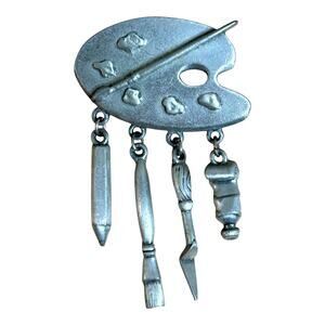 JJ Jonette Artist Paint Palette Brooch with Dangle Accents Brushed Silver Tone